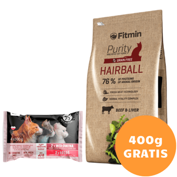Fitmin Cat Purity Hairball 400g + Pet Republic łosoś i wołowina 4x100g GRATIS