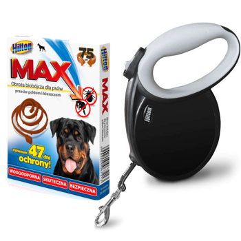 Hilton Smart Dog - Smycz automatyczna 7m dla psa do 40kg czarna + obroża przeciw pchłom i kleszczom 75cm GRATIS