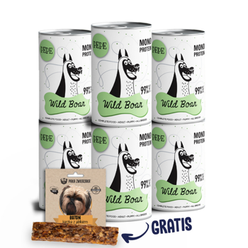 Paka Zwierzaka Pepe Mono Protein Wild Boar dziczyzna karma mokra dla psa w każdym wieku 6x400g + przysmak GRATIS