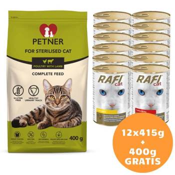 Rafi kot MIX 2 smaków 12x415g + Petner Adult Cat z kurczakiem i jagnięciną 400g GRATIS