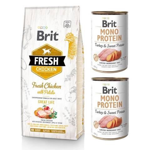 Brit Fresh Adult Chicken with Potato 2,5kg + Brit Mono Turkey 2x400g