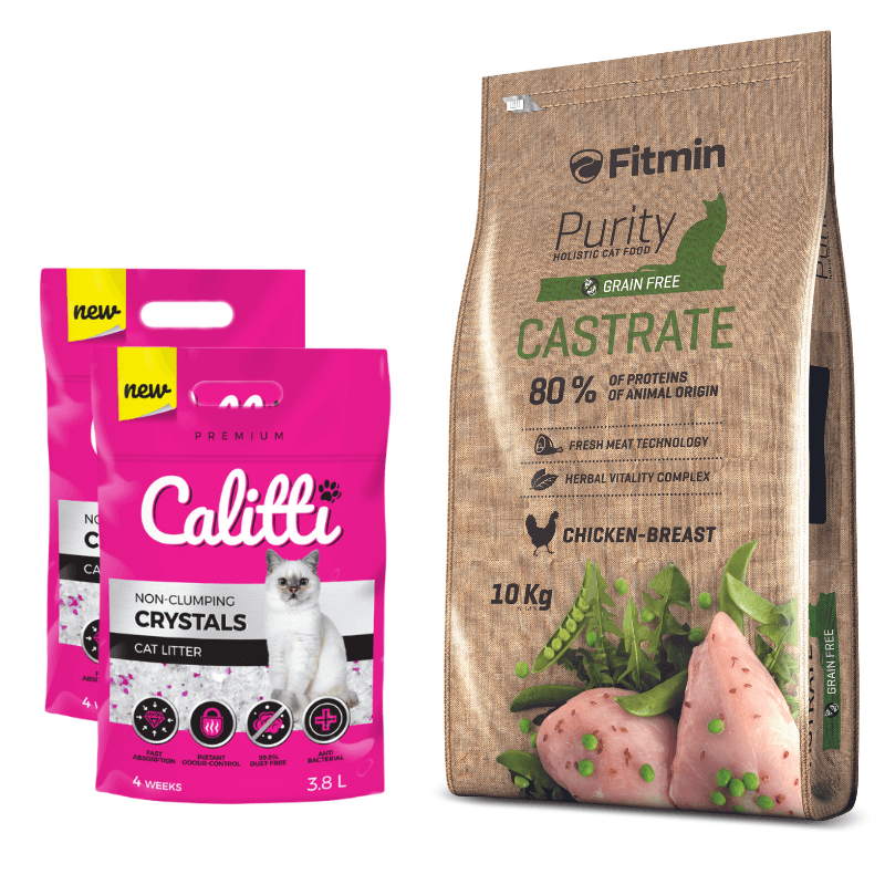 Fitmin Cat Purity Castrate karma sucha dla kotów sterylizowanych 10kg + 2x3,8l żwirek Calitti GRATIS
