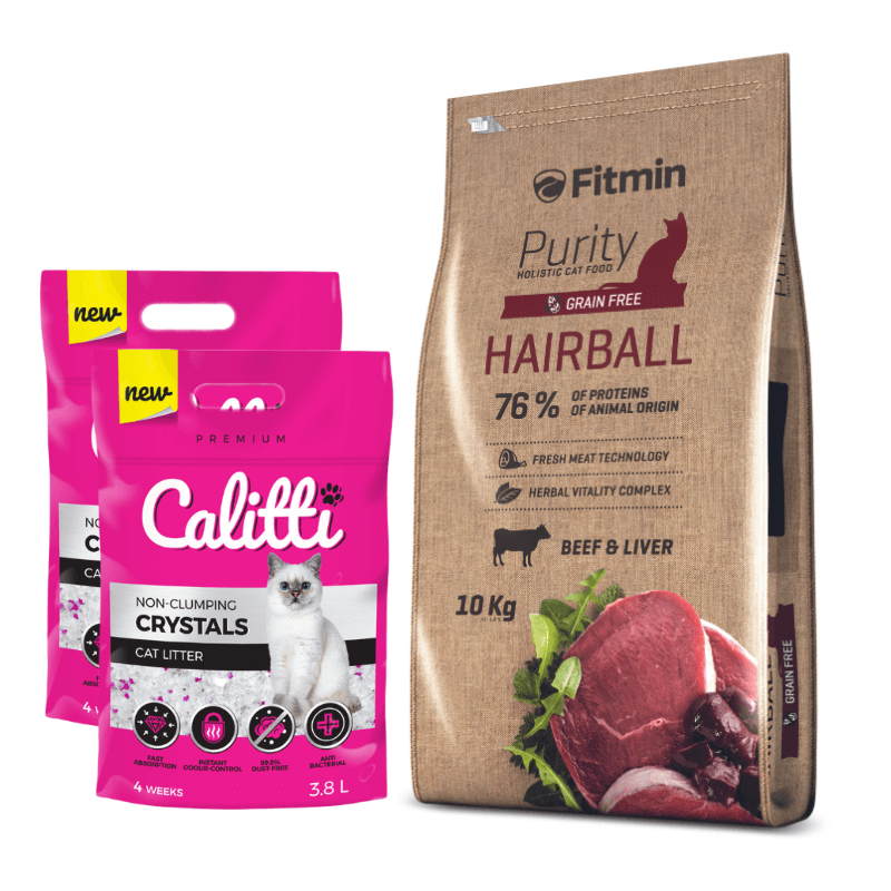 Fitmin Cat Purity Hairball karma sucha dla kota 10kg + 2x3,8l żwirek Calitti GRATIS 