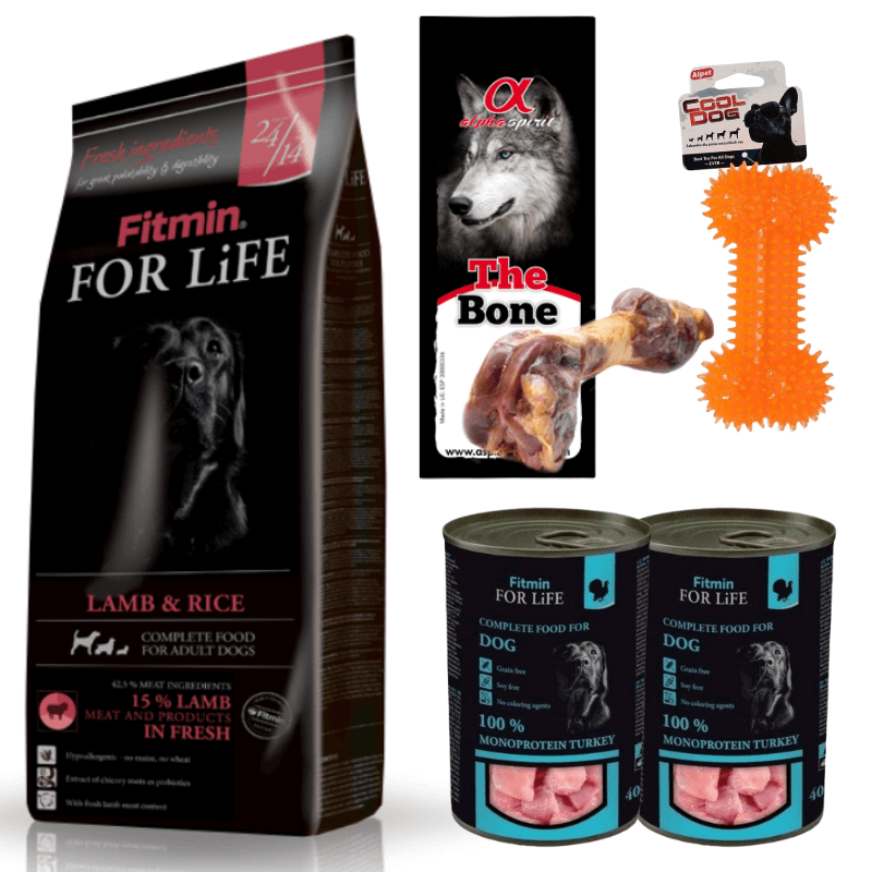 Fitmin For Life Adult Lamb & Rice 14kg + zabawka, przysmak i karmy mokre GRATIS