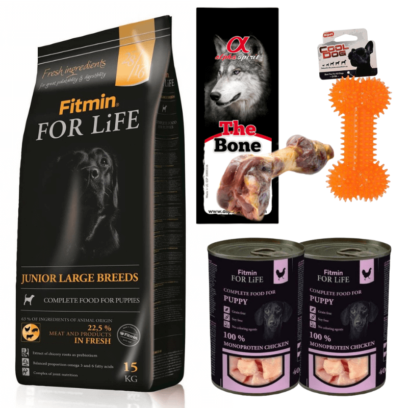 Fitmin For Life Junior Large Breeds 15kg + zabawka, przysmak i karmy mokre GRATIS
