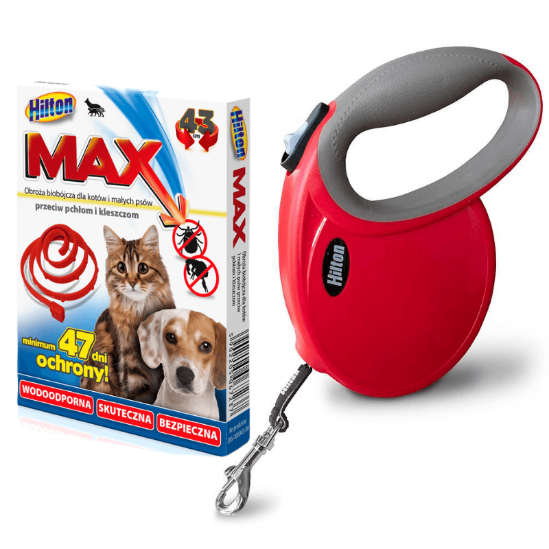 Hilton Smart Dog - Smycz automatyczna 4m dla psa do 20kg czerwona + obroża przeciw pchłom i kleszczom 43cm GRATIS