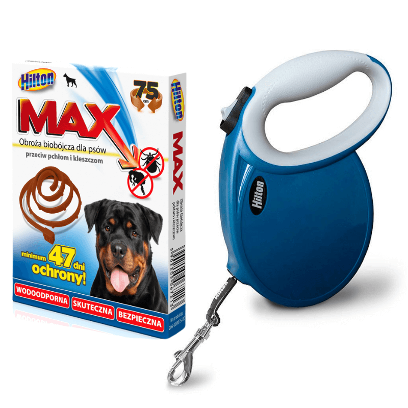 Hilton Smart Dog - Smycz automatyczna 5m dla psa do 30kg niebieska + obroża przeciw pchłom i kleszczom 75cm GRATIS