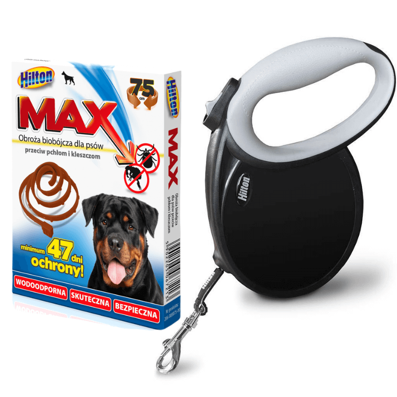 Hilton Smart Dog - Smycz automatyczna 7m dla psa do 40kg czarna + obroża przeciw pchłom i kleszczom 75cm GRATIS