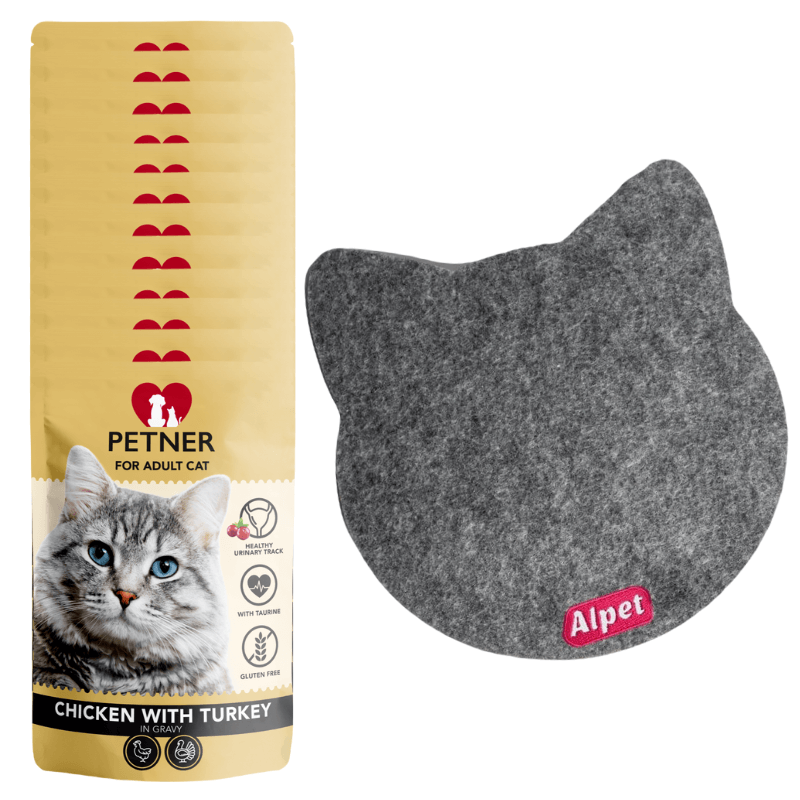 Petner Adult Cat karma mokra z kurczakiem i indykiem dla kotów 12x85g + Alpet podkładka