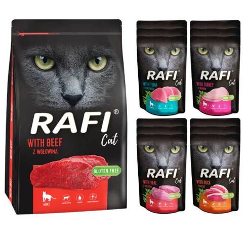 Rafi Cat karma sucha z wołowiną 1,5kg + karma mokra MIX 4 smaków 12x100g