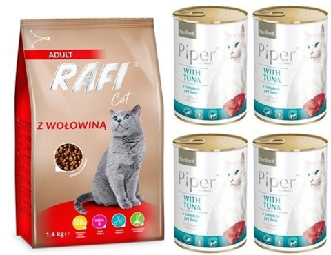 Rafi Cat z wołowiną dla kotów sterylizowanych 1,4kg + Piper z tuńczykiem 4x400g