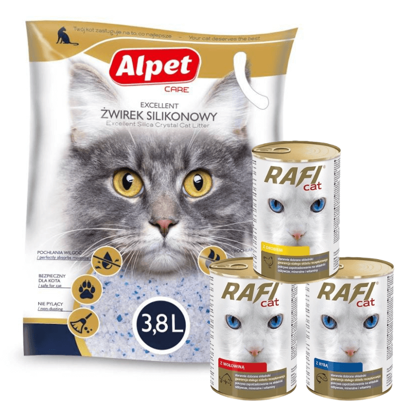 Rafi Kot kawałki w sosie MIX 3 smaków 36x415g + Alpet żwirek silikonowy 3,8l