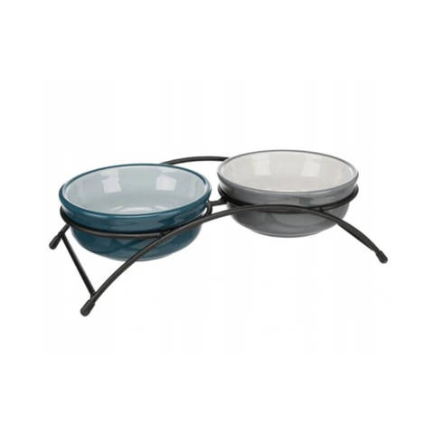 Trixie Zestaw misek na stojaku dla psa lub kota, ceramika/metal szary/niebieski 2x1,6L