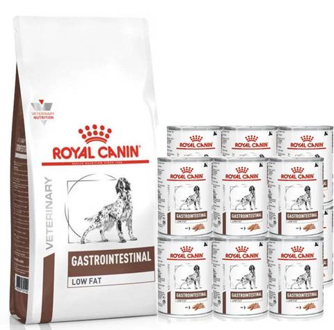 Zestaw ROYAL CANIN Vet Gastro Intestinal Low Fat karma sucha + mokra dla psa 6kg + 12x410g