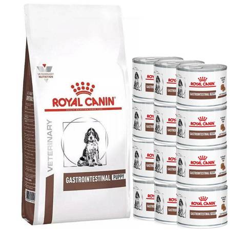 Zestaw ROYAL CANIN Vet Gastro Intestinal Puppy karma sucha + mokra dla szczeniąt 2,5kg + 12x195g